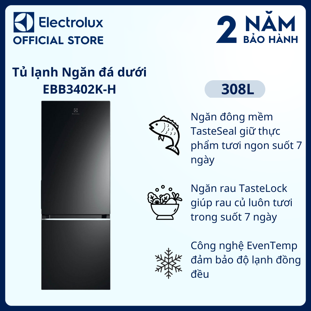 [Miễn phí giao hàng toàn quốc] Tủ lạnh Electrolux Inverter UltimateTaste 300 ngăn đá dưới có ngăn đông mềm 308 lít - EBB3402K-H - Khử mùi diệt khuẩn, khay đá xoay, khay kim loại cao cấp [Hàng chính hãng]