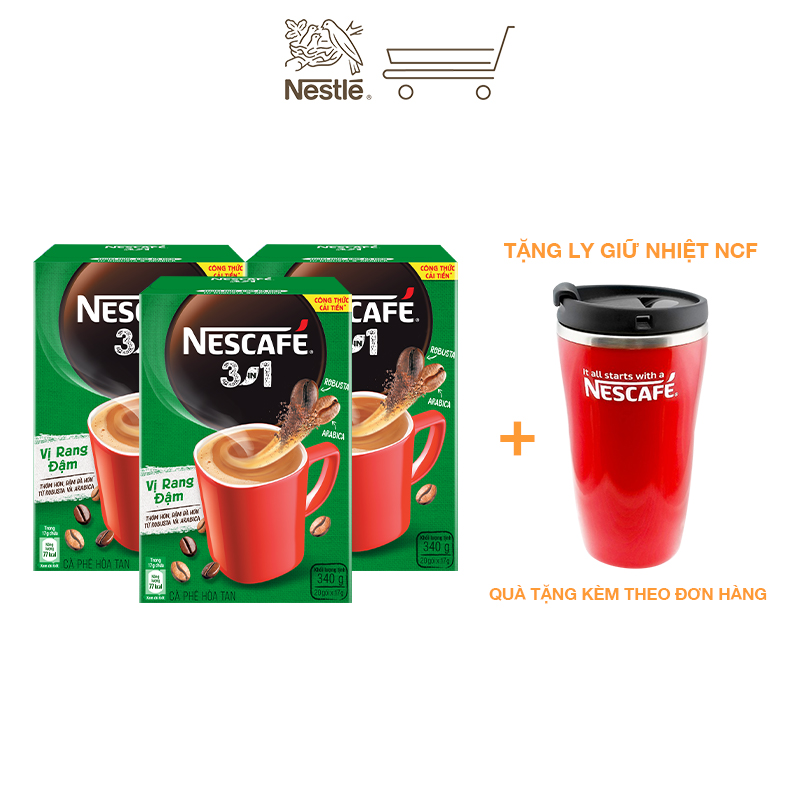 [Tặng ly 2 lớp tiện lợi] Combo 3 hộp cà phê hòa tan Nescafé 3in1 vị rang đậm - công thức cải tiến (Hộp 20 gói)