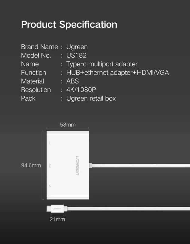 Ugreen UG30440US182TK Bộ chuyển đổi TYPE C sang USB 3.0 + USB 2.0 + HDMI + LAN + hỗ trợ nguồn TYPE C - HÀNG CHÍNH HÃNG