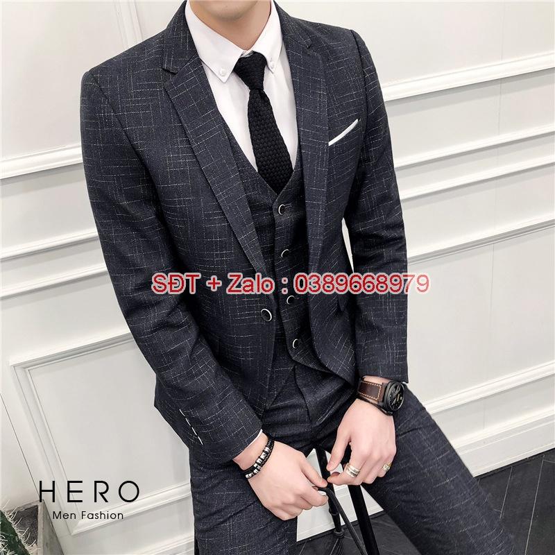 Bộ Vest Nam Cao Cấp Hàn Quốc màu kẻ đen, Bộ Suit Nam thanh niên chất vải sịn dáng ôm