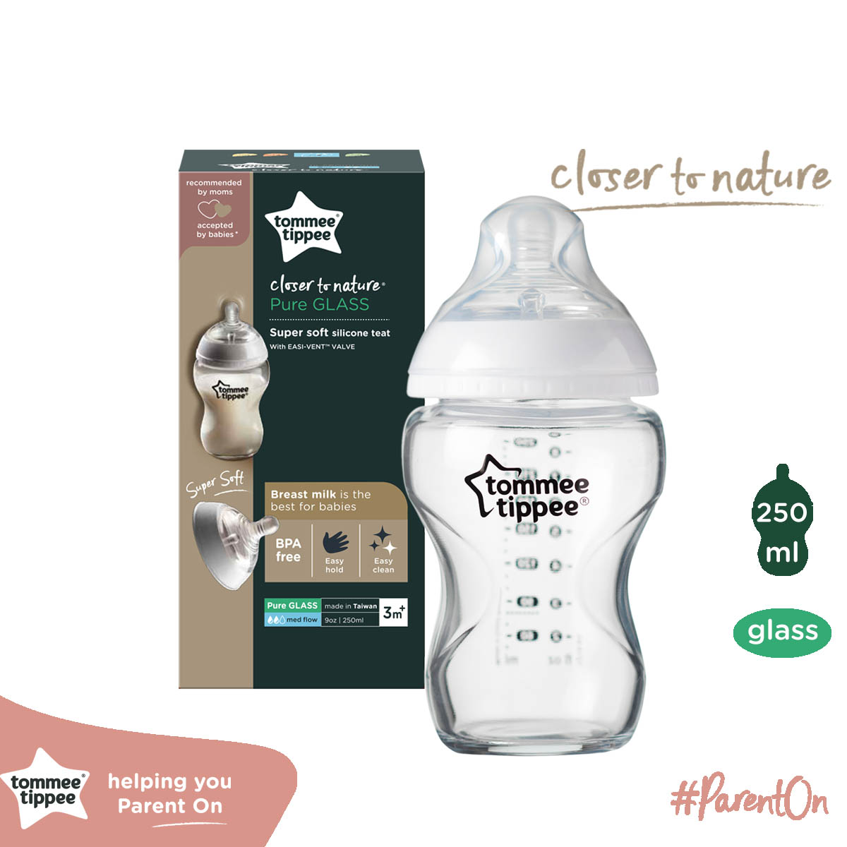 Bình sữa thủy tinh ty siêu mềm tự nhiên Tommee Tippee Closer to Nature 250ml, núm ty đi kèm 3-6 tháng