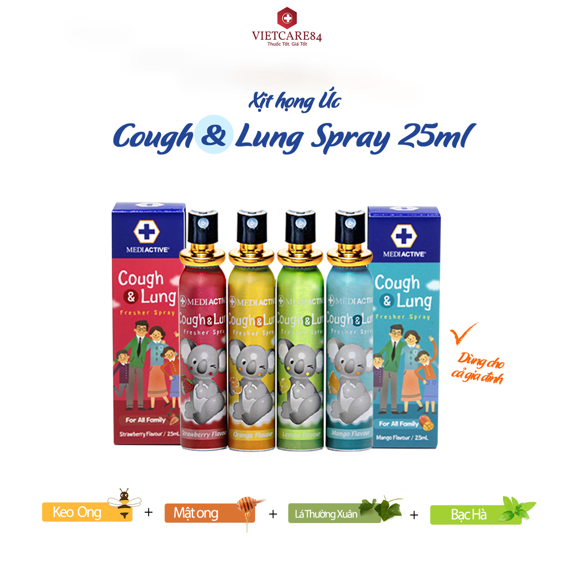 Keo ong xịt họng nhập khẩu chính hãng Úc COUGH & LUNG FRESHER SPRAY giúp làm sạch khoang miệng, giảm mùi hôi mang lại hơi thở thơm mát. Giúp ngăn ngừa vi khuẩn, ngăn ngừa viêm họng, đau rát họng