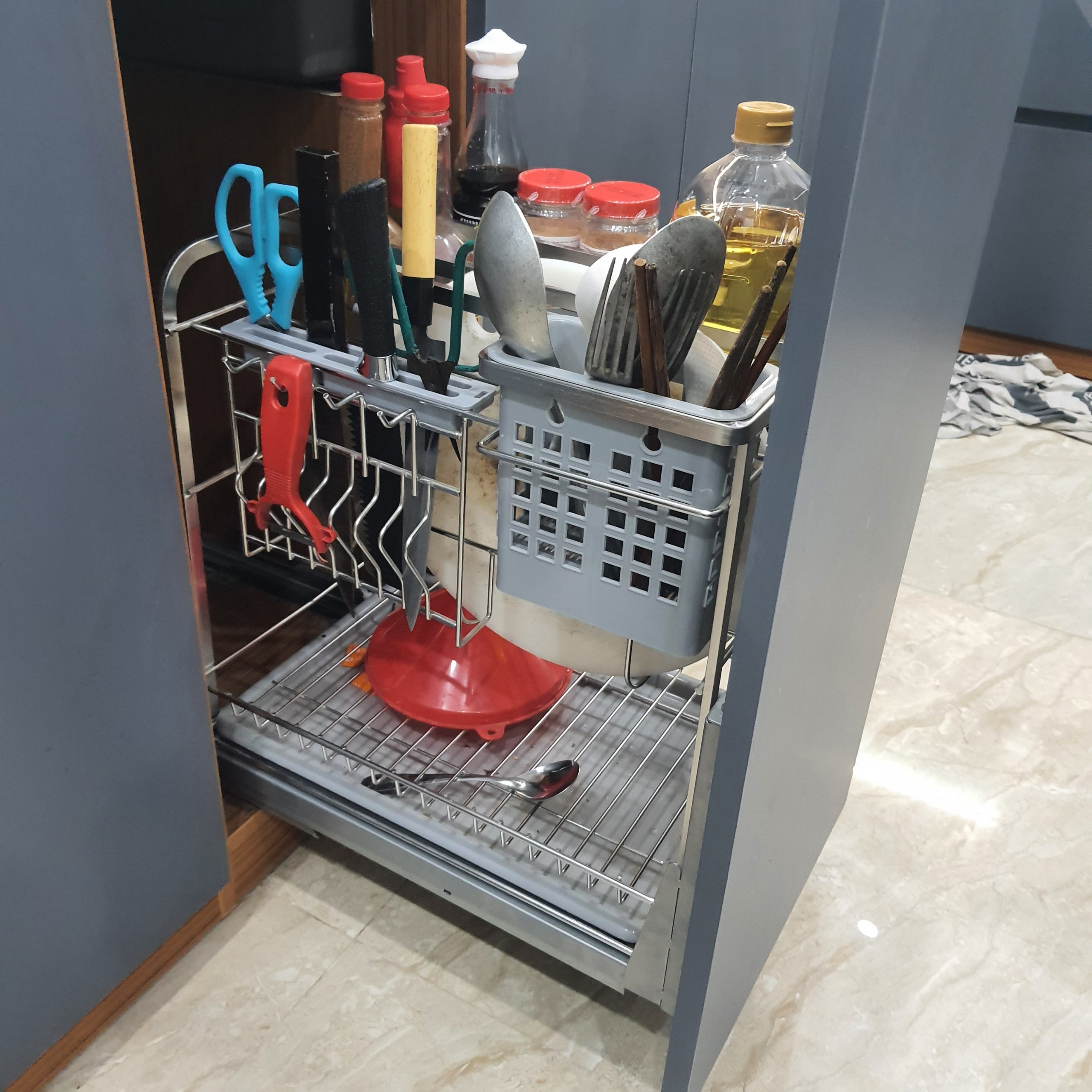 Kệ Đựng Chai Lọ, Gia Vị, Dao Thớt Tủ Bếp INOX 304 - Ray Âm Giảm Chấn - Có Thợ Lắp