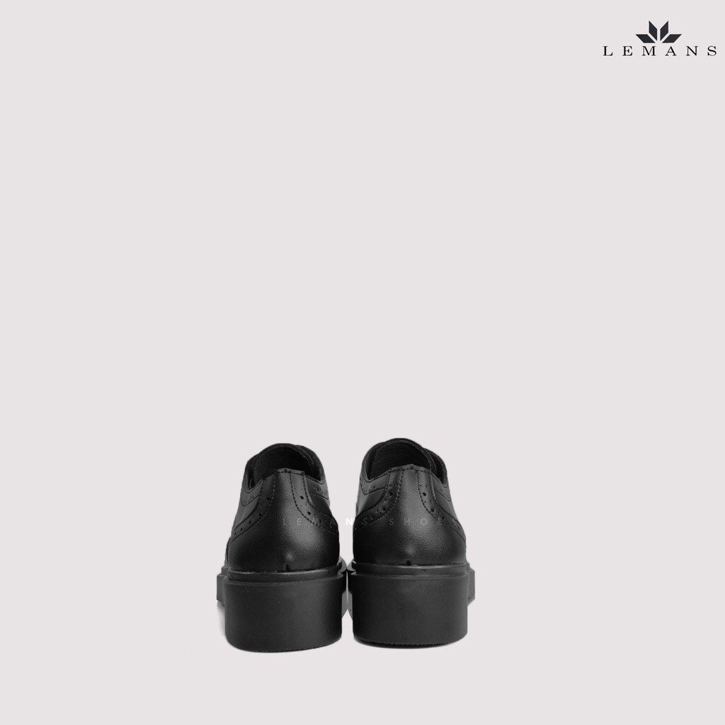 Giày da bò Derby Wingtip LEMANS Black, đế tăng cao lemans 4cm, hoạt tiết cánh bướm, Bảo Hành 12-24 Tháng