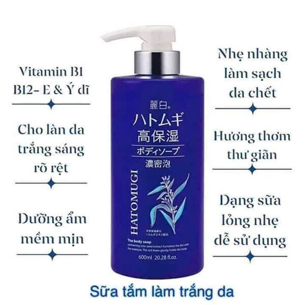 SỮA TẮM TRẮNG DA HATOMUGI,Ý DĨ MẪU MỚI - Chai Xanh 600ml.( không có tem phụ- không xuất hóa đơn )