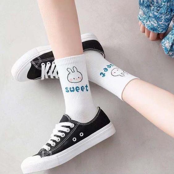 Tất cổ cao Bivota Vớ tất cổ cao nữ trắng họa tiết hình thú xinh xắn vải cotton co giãn thời trang Hàn Quốc