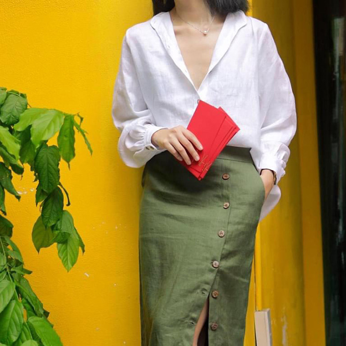 Áo sơ mi công sở nữ dài tay cổ tầu Linen tưng Premium sang trọng trẻ trung - Trắng