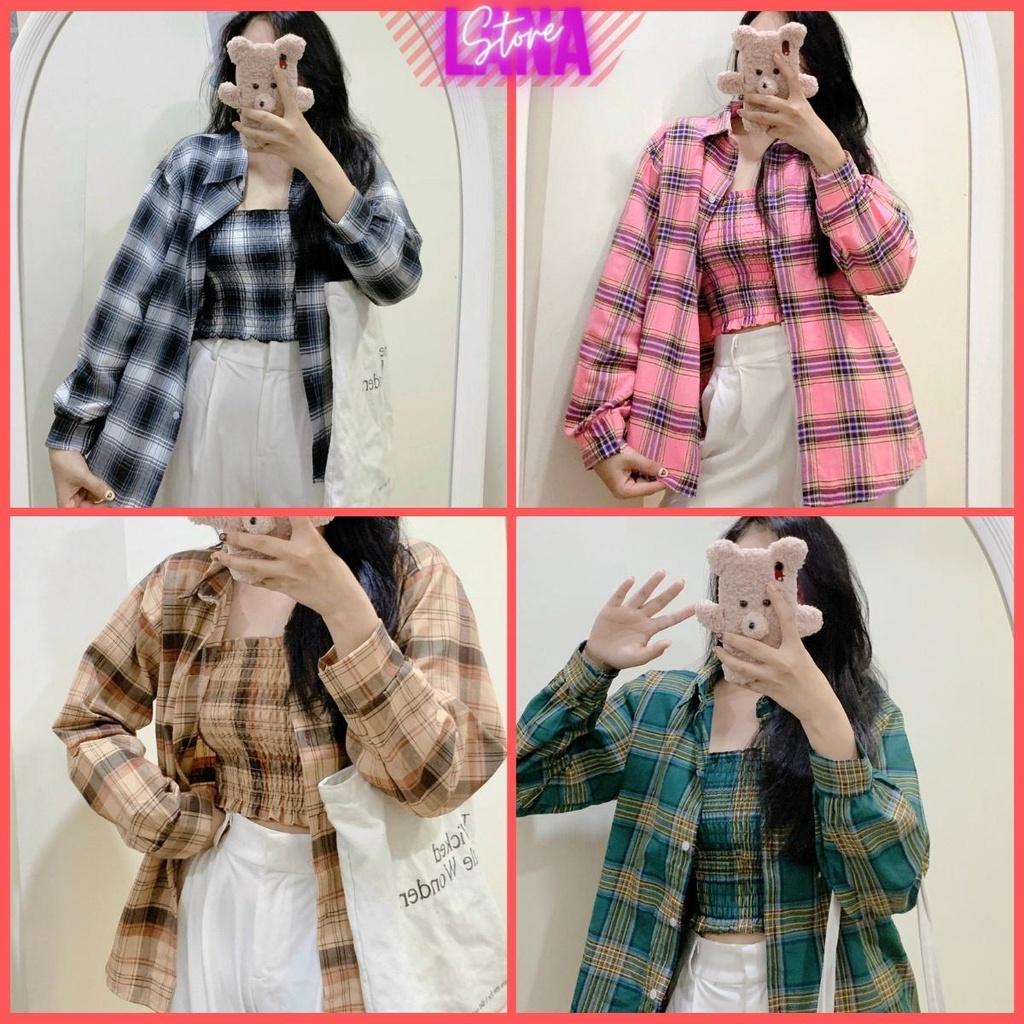 Set Áo Khoác Sơmi Caro Kèm Áo Ống Cute Tay Áo Phồng Ảnh Thật Lung Linh, Áo Sơ Mi Khoác Ngoài Cao Cấp Siêu Đẹp, áo sơ mi sọc tay dài