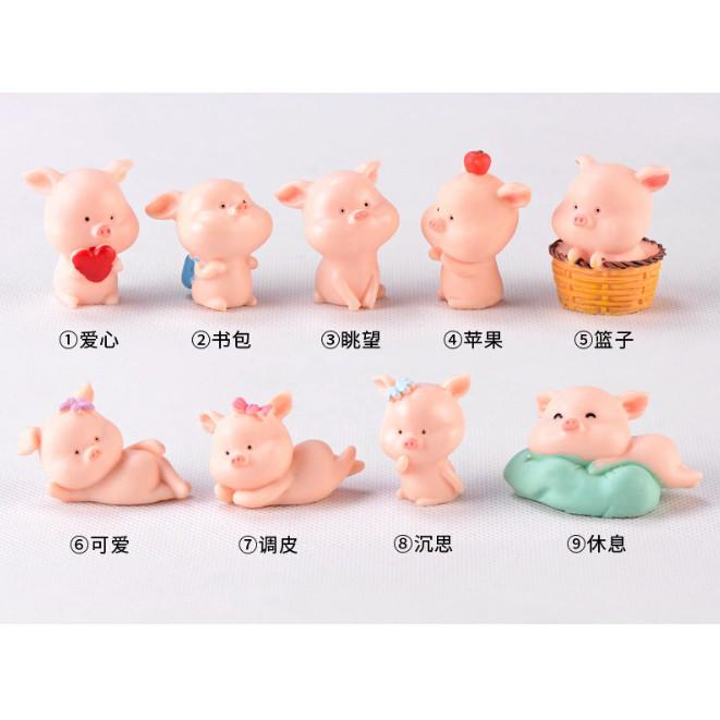 Mô hình 09 chú lợn hồng ngộ nghĩnh trang trí tiểu cảnh, móc chìa khóa, DIY