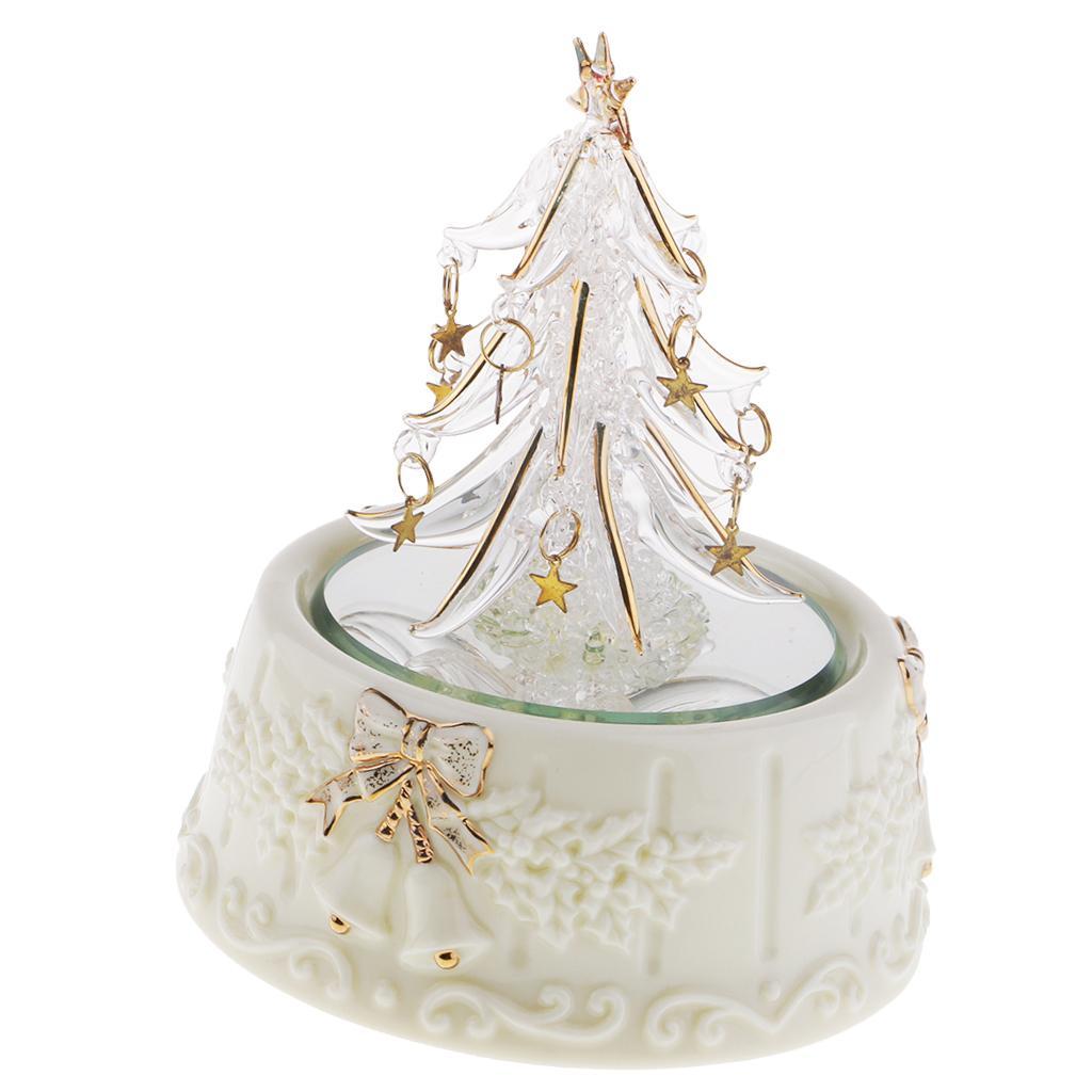 Christmas Tree Wind Up Rotate Music Box Spun Glass Art Crafts for Collection