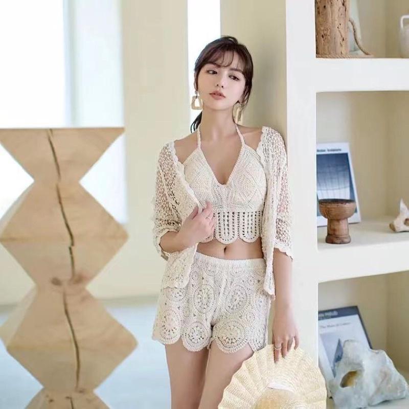 37-Set bikini ren đi biển 3 món gồm áo choàng hạt-áo bra-quần sóc mã mới 2022