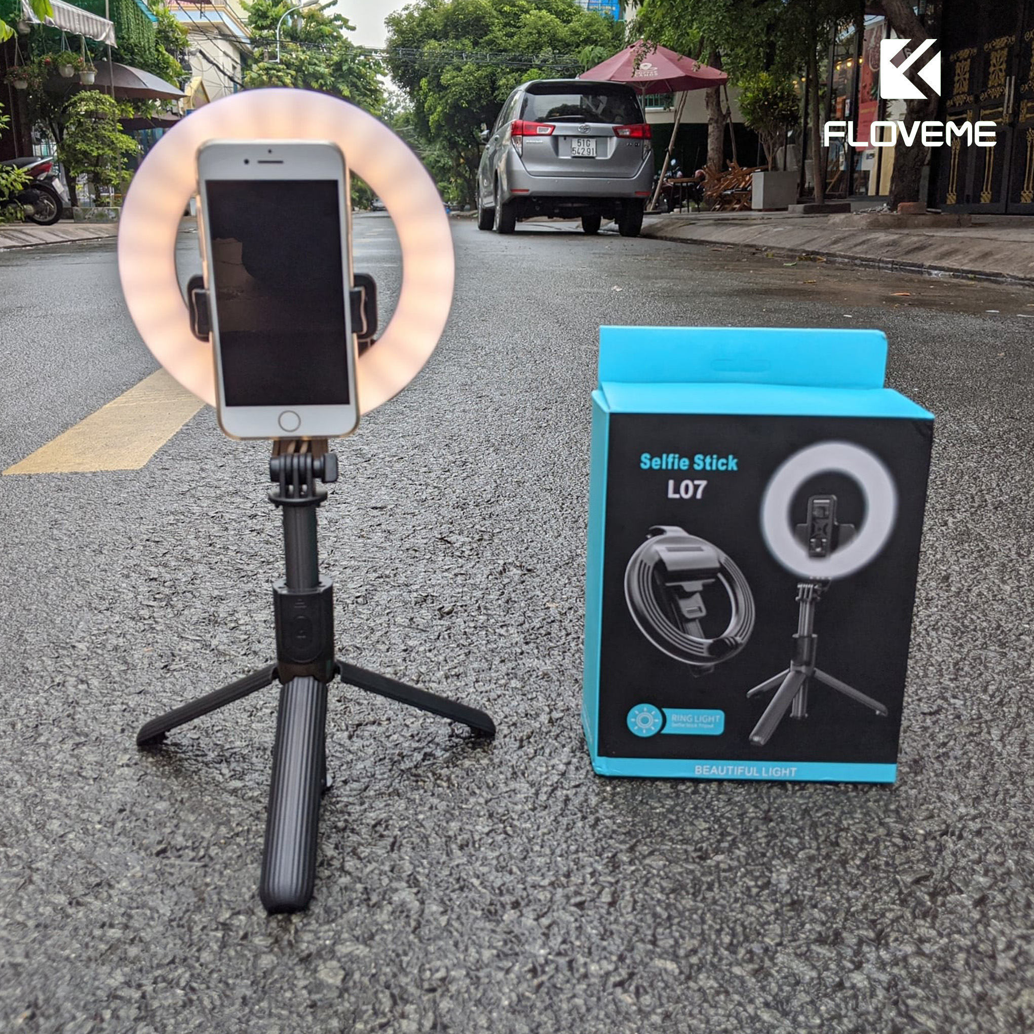 Gậy selfie Floveme -L07 kiêm giá đỡ hỗ trợ Live stream tích hợp vòng đèn Led, Bluetooth 4.0 tiện lợi, Pin 12000 mAh - Hàng Chính Hãng