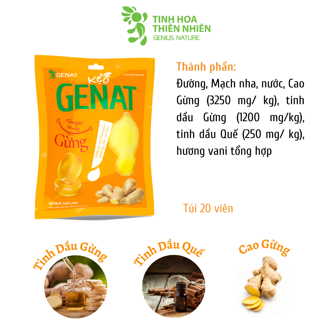 Combo 3 túi 20 viên - Kẹo thảo mộc Gezcol - Genat Chanh Sả - Genat Gừng - Giao 2H HCM