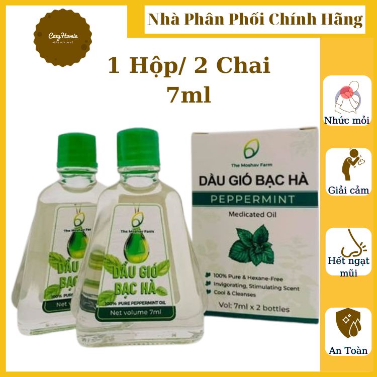 Dầu Gió Bạc Hà The Moshav Farm Chiết Xuất Hoàn Toàn Từ Thiên Nhiên Hộp Hai Chai 7 ml Giải Trừ Ngạt Mũi Giải Cảm Đau Đầu Cảm Lạnh Đau Nhức Xương Vết Côn Trùng Cắn