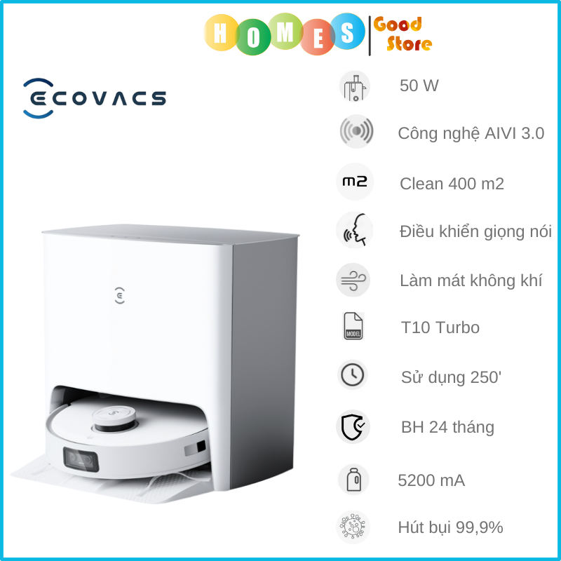 Robot Hút Bụi Lau Nhà Ecovacs T20E Omni 2024 Lực Hút 7.100 Pa, Giặt Nước Nóng - Hàng Chính Hãng