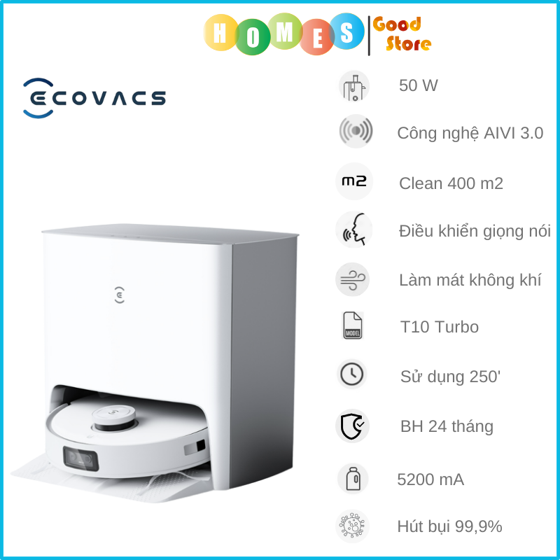 Robot Hút Bụi Lau Nhà ECOVACS Deebot T10 Turbo, Tự Động Giặt Giẻ, Tự Động Sấy Khô, Kết Nối App, Làm Mát Không Khí Khử Mùi, Trợ Lý Ảo YIKO, Công nghệ OMO 3.0, Lực Hút 3000 Pa, Phù Hợp Diện Tích 200m2, Công Suất 50W - Hàng Chính Hãng