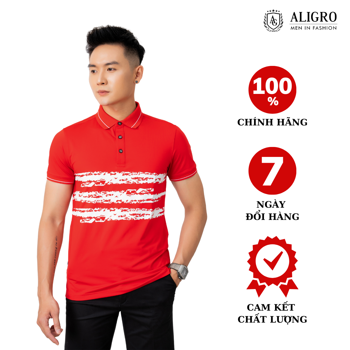 Áo Polo đỏ phối kẻ ngang Aligro ALGPLO71