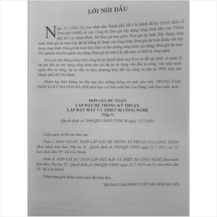 Sách Đơn Giá Dự Toán Lắp Đặt Hệ Thống Kỹ Thuật, Lắp Đặt Máy và Thiết Bị Công Nghệ TP.HCM theo Quyết định số 2966/QĐ-UBND TP.HCM ngày 21/7/2023 (Tập 3) - V2263D