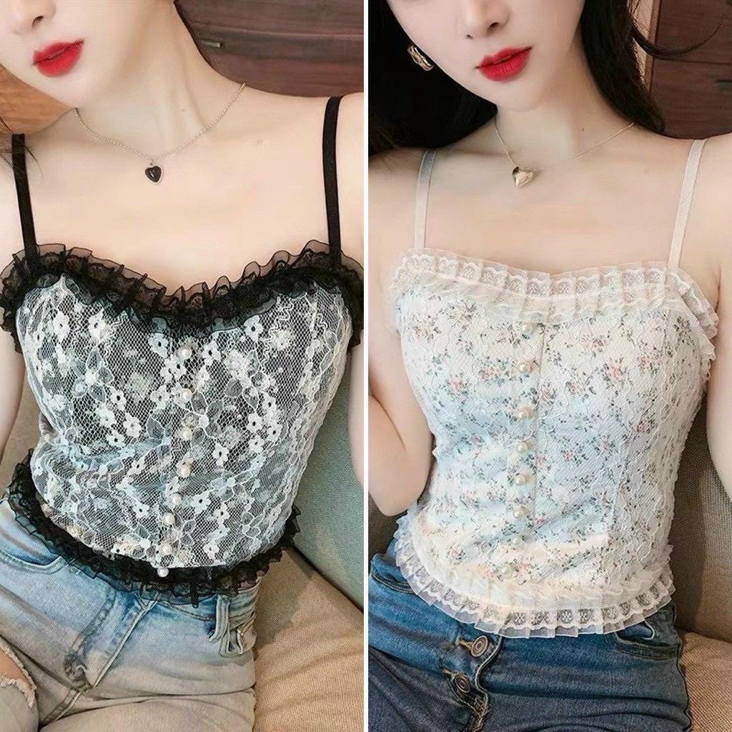 Áo Croptop 2 Dây Ren Hoa Nhí Đính Khuy Cúc Ngọc Kèm Mút Ngực Siêu Xinh - Áo hai dây kiểu yếm tiểu thư 2022