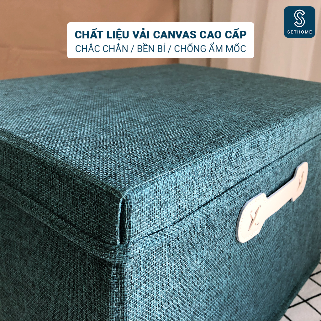 Hộp vải đựng đồ xuất Hàn SETHOME đa năng giỏ đựng quần áo đồ lót đồ dùng cá nhân nắp rời tay cầm bằng da bò cao cấp