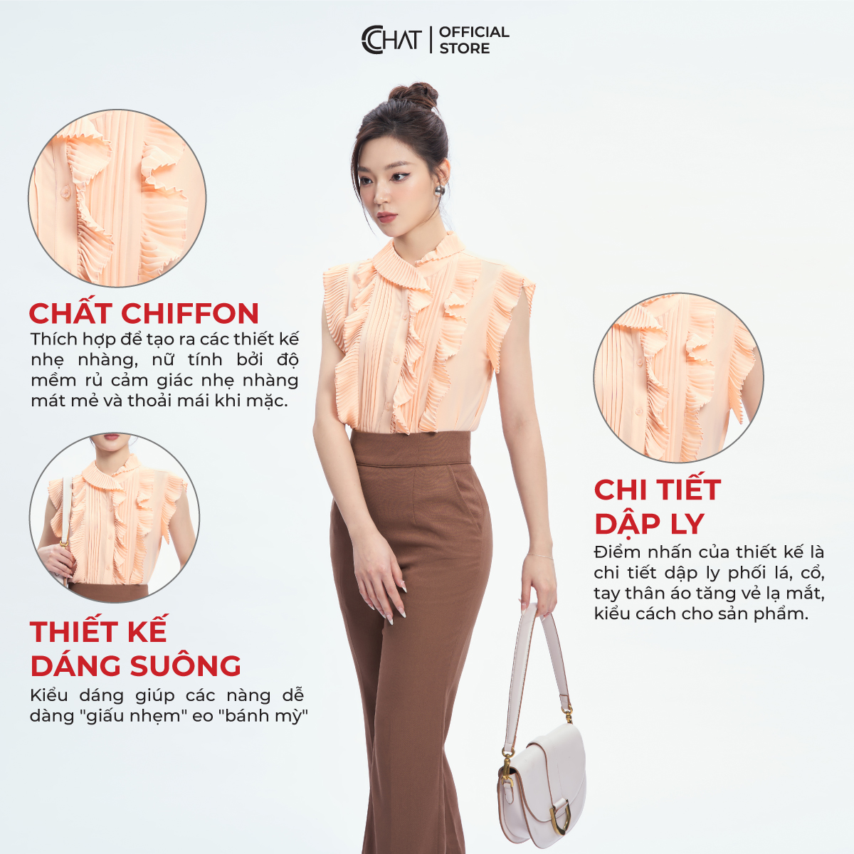 Áo Sơ Mi Nữ  Dập Ly Bấu Mí Chất Liệu Chiffon Cao Cấp 53FNH2012ST