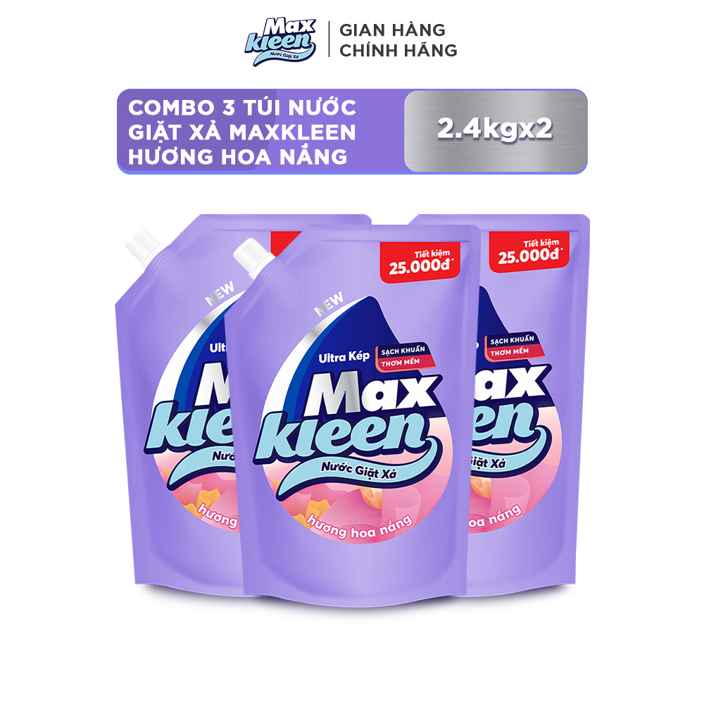 Combo 3 Túi Nước Giặt Xả Maxkleen Hương Hoa Nắng (2.4kg/túi)