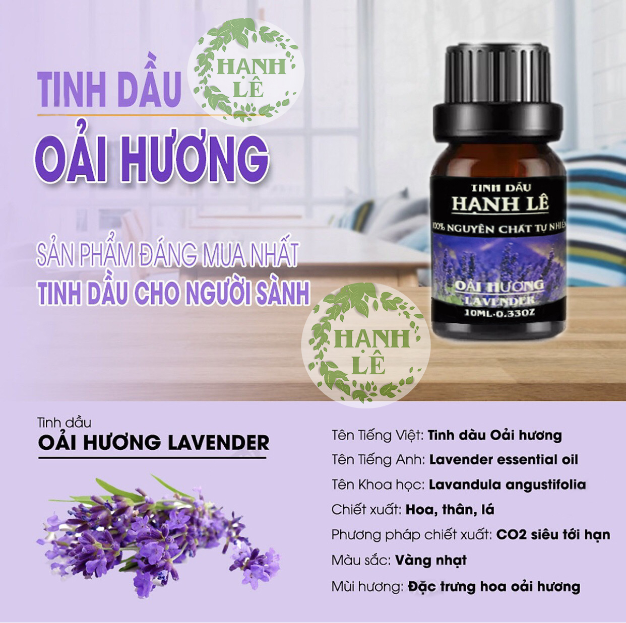 TINH DẦU OẢI HƯƠNG (LAVENDER) HẠNH LÊ 100% NGUYÊN CHẤT TỪ THIÊN NHIÊN 10ML (MUA 2SET 6 CHAI ĐƯỢC TẶNG 01 MÁY KHUẾCH TÁN TINH DẦU MÈO THẦN TÀI)