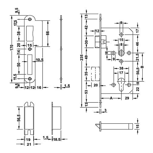 Thân khóa lưỡi gà chốt chết Hafele C/C 72mm - Đen mờ/911.25.100