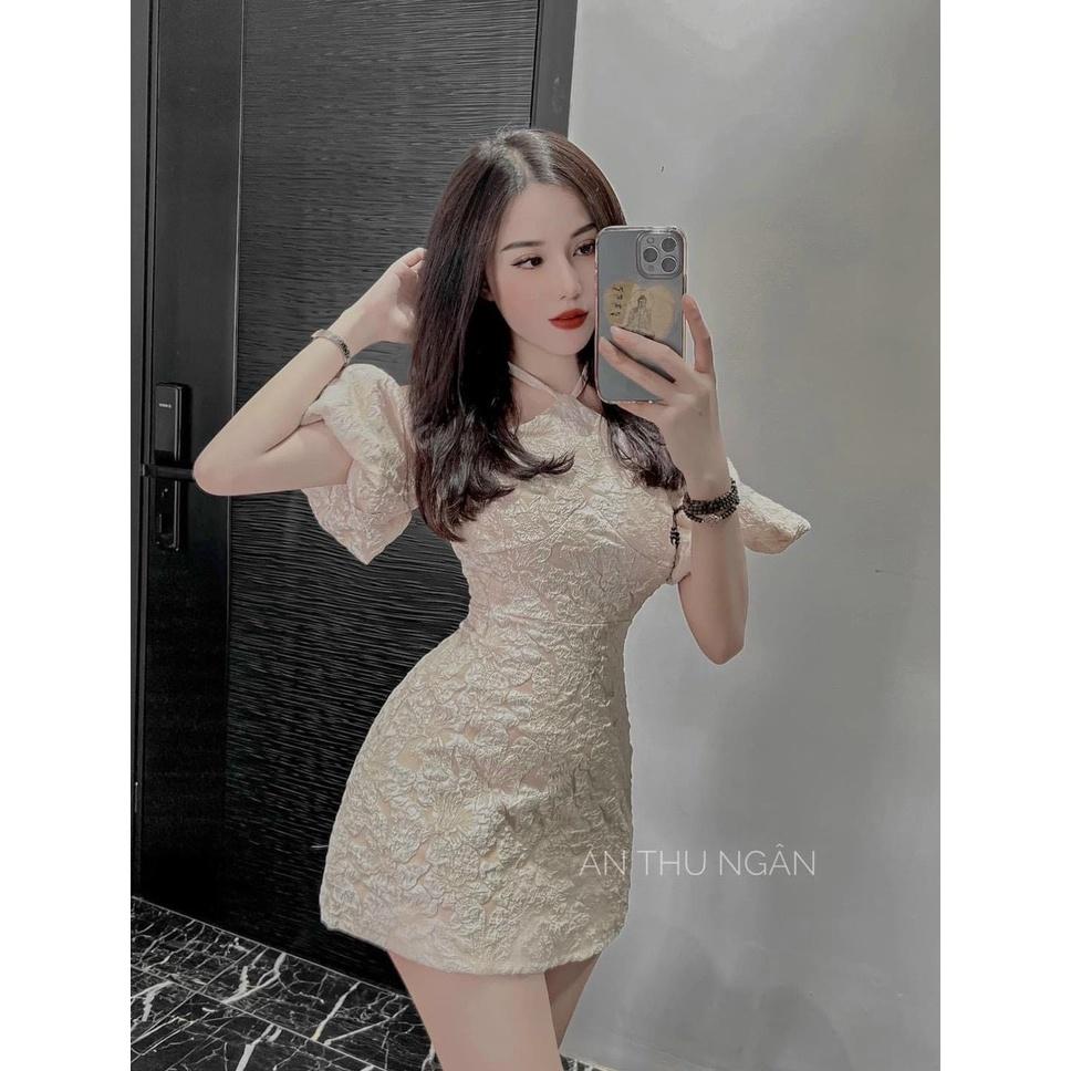 Váy đầm nữ dáng ôm cổ yếm tay bồng cực xinh xắn thích hợp mặc đi chơi đi tiệc