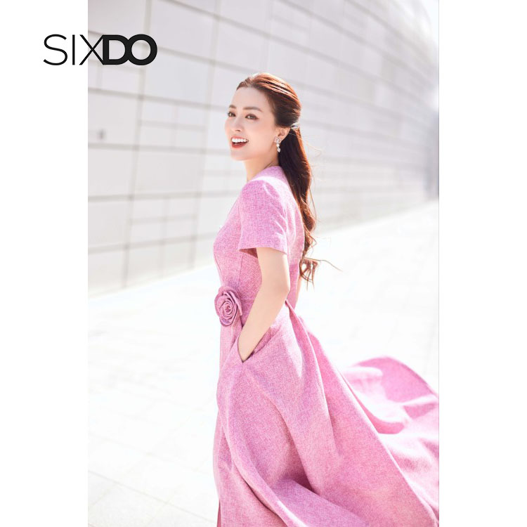 Đầm xòe cổ V kèm hoa cài sang trọng thời trang nữ SIXDO