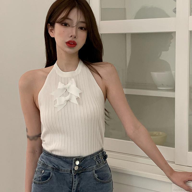 Áo Hai Dây Dệt Kim Màu Trơn Thiết Kế Quyến Rũ Cho Nữ