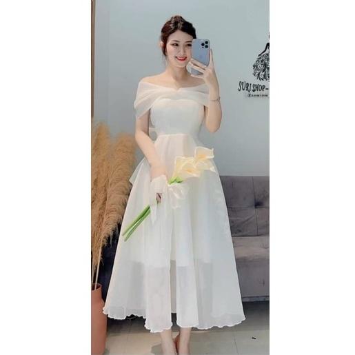 Váy đầm nữ dáng xòe kiểu bẹt vai kết nơ ngực sang trọng thanh lịch thích hợp mặc đi dự tiệc