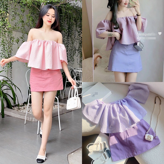 ĐẦM SET ÁO CROPTOP TRỄ VAI CỔ U SUÔNG TRƠN TÍM HỒNG PASTEL TRƠN CHÂN VÁY NGẮN CHỮ A LƯNG CAO DẠO PHỐ ĐI TIỆC ĐI CHƠI NOEL - TÍM