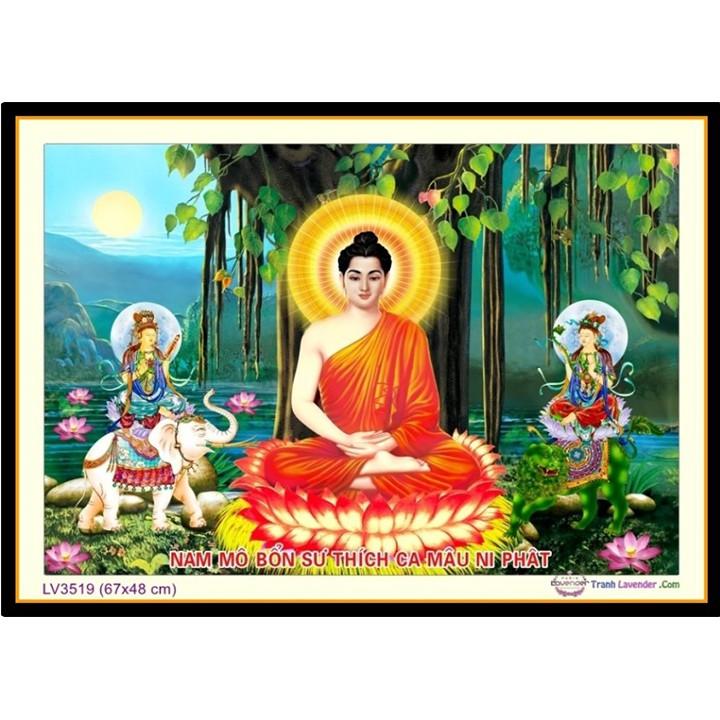 Tranh thêu Phật Thích Ca, Văn Thù, Phổ Hiền Bồ Tát LV3519 - kích thước: 67 * 48cm.