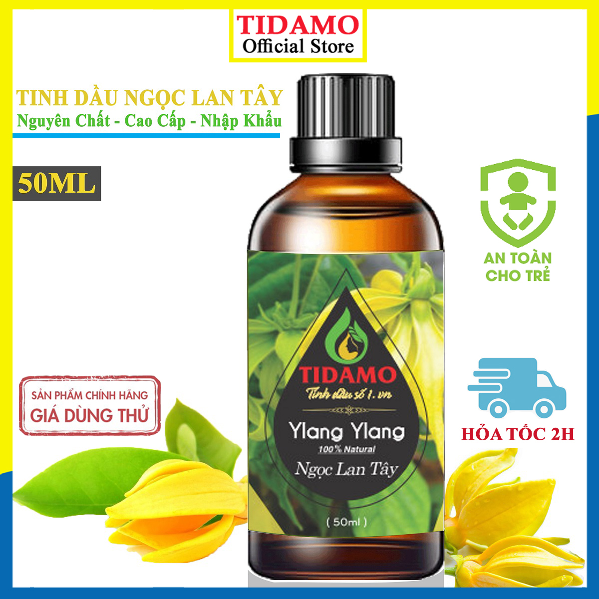 Tinh Dầu Ngọc Lan Tây Nguyên Chất 50ML TIDAMO (Ylang Ylang) - Tinh Dầu Cao Cấp Nhập Khẩu Từ Ấn Độ, Xông Hương Thơm Phòng, Thư Giãn, Nâng Cao Sức Khỏe - Kiểm Nghiệm Chất Lượng Tại Trung Tâm Quatest 3