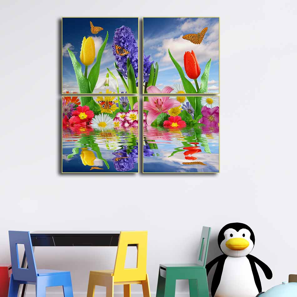 Bộ 4 tranh canvas treo tường Decor hoa lá trang trí phòng ăn, phong cách hiện đại - DC052