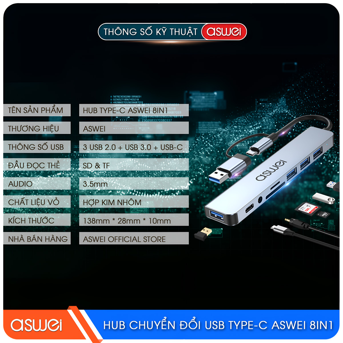 Hub Chuyển Đổi USB Type C ASWEI 8 in 1 - USB 3.0, SD, TF, USB C, Audio 3.5 Tốc Độ Cao - Hàng Chính Hãng