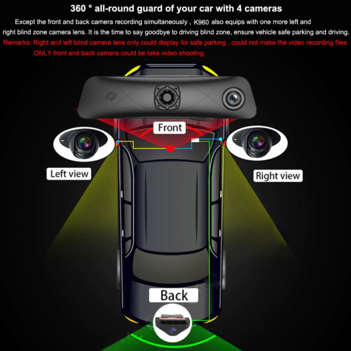 Camera hành trình gương 360 độ tích hợp 5 trong 1 cho ô tô, xe hơi cao cấp nhãn hiệu Whexune K960 màn hình cảm ứng 12 inch