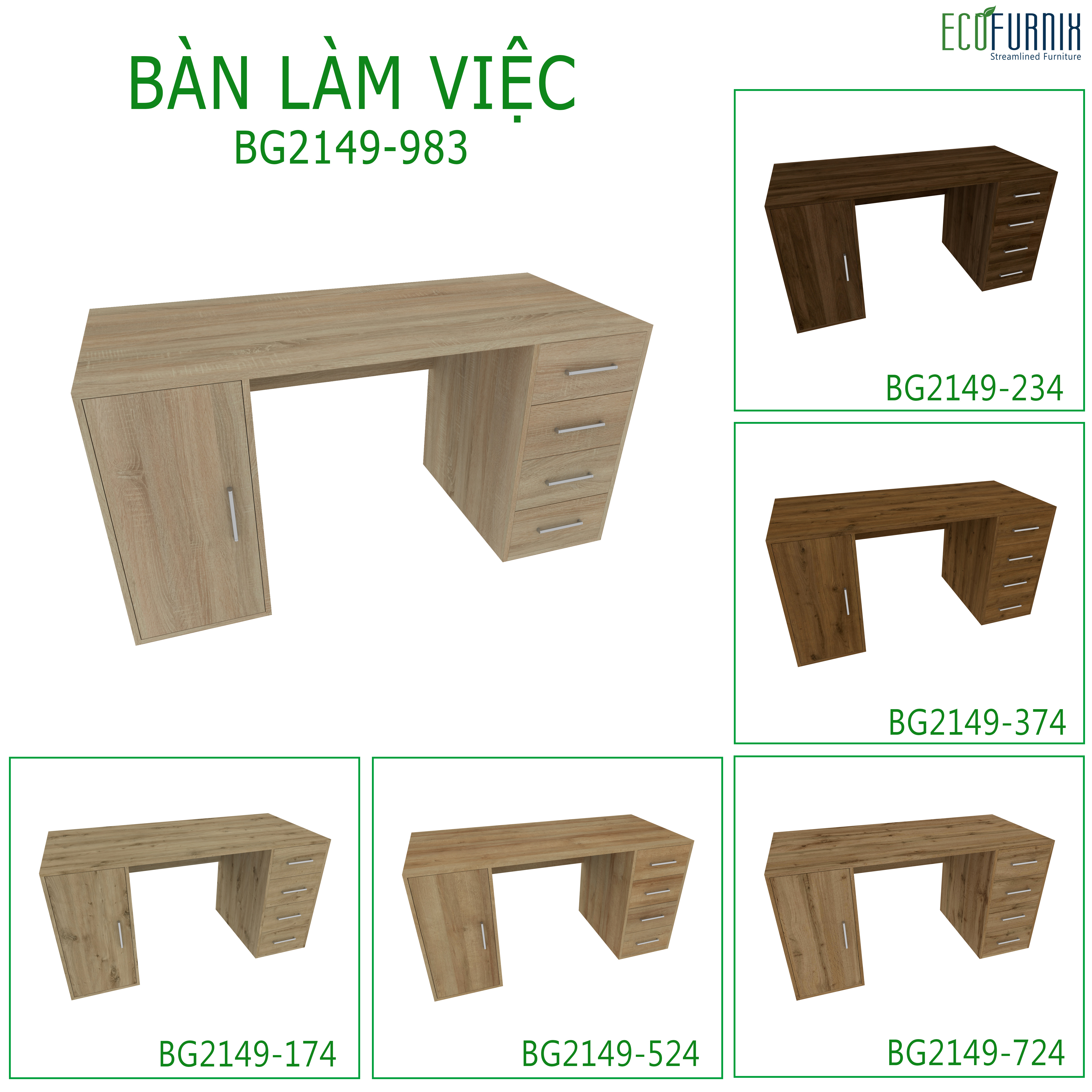 BÀN LÀM VIỆC LIỀN HỘC TỦ ECOFURNIX BG2149