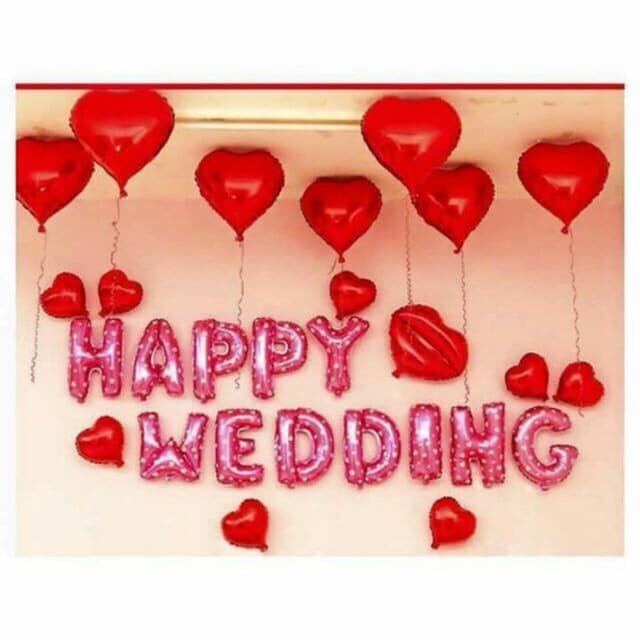Set bóng Happy Wedding kèm bóng trái tim trang trí phòng cưới phòng tân hôn