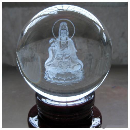 Quả cầu phong thủy pha lê 3D - Quan Thế Âm Bồ Tát - Tặng kèm đế gỗ