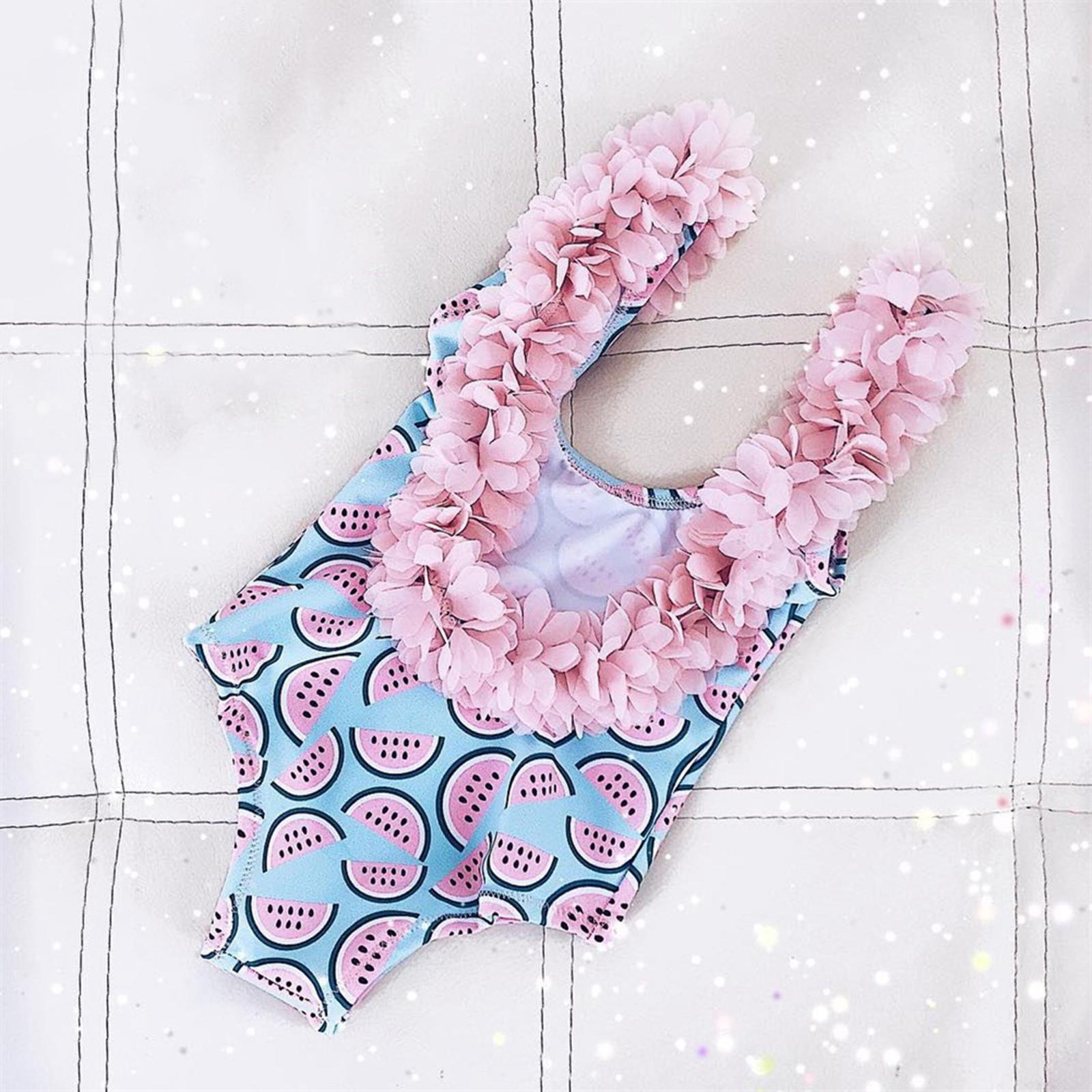 One-Piece Baby Girl Swimsuit Watermelon 6-24 Months 2-4 Years Infant Toddler Swimwear Bikini Bathing Suit with Floral Decorative V Neck