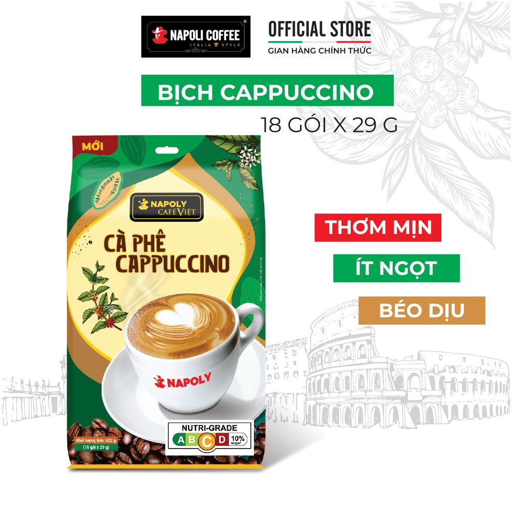 Cà phê hoà tan sữa đá Cappuccino bổ sung Socola béo ngậy Napoly Coffee túi lớn (29g x 18 gói)