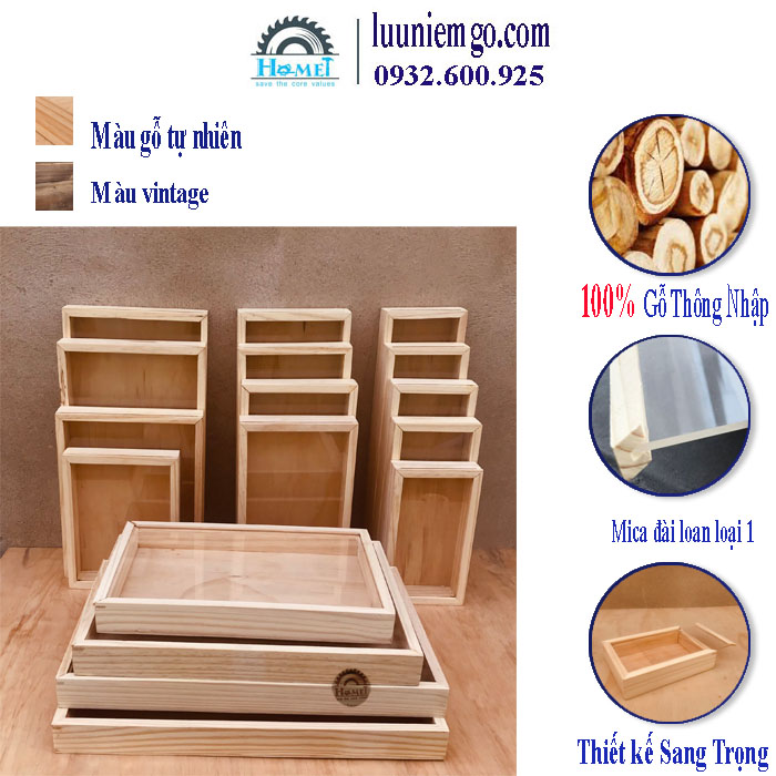 - Hộp gỗ nắp trượt trong suốt, phù hợp làm hộp tranh 3D, hộp trưng bày sản phẩm