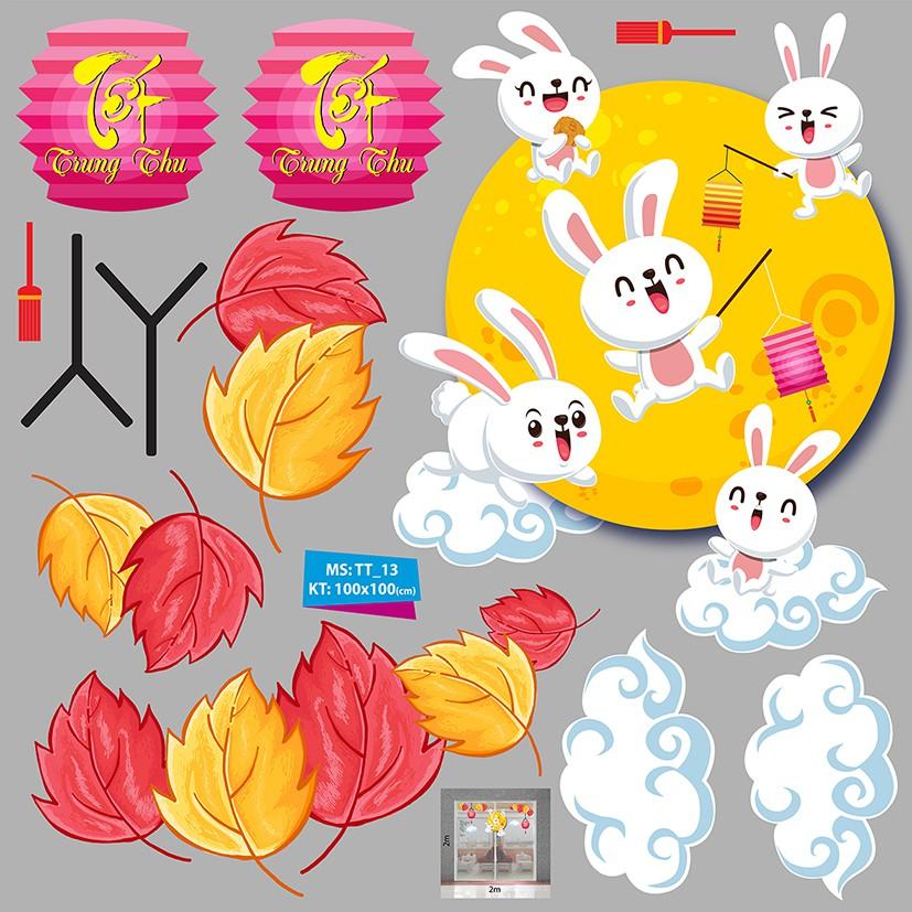 DECAL TRANG TRÍ TRUNG THU THỎ TRĂNG VUI ĐÙA TRÊN CUNG TRĂNG
