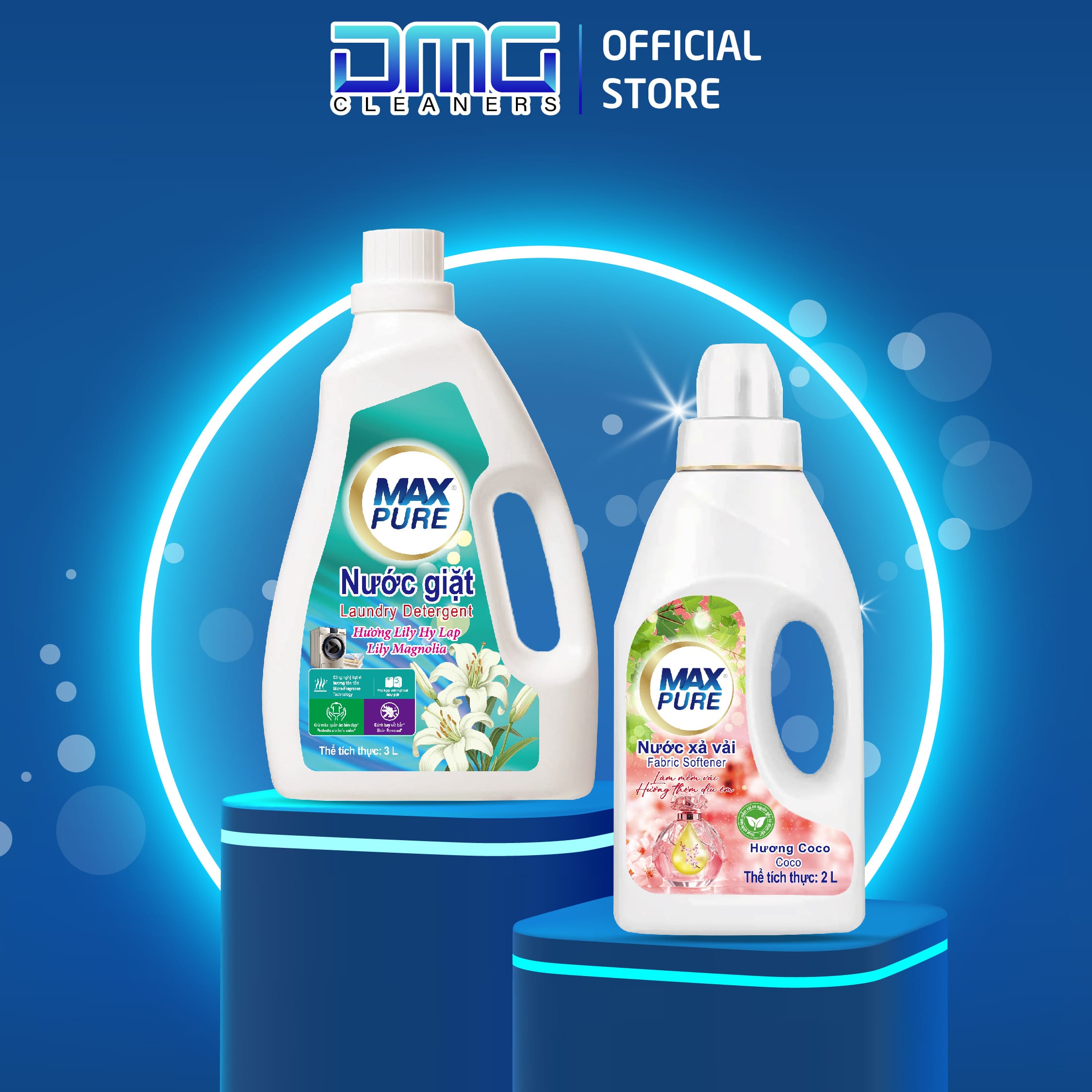Combo Chai Nước Giặt Maxpure Hương Lily 3L + Chai Nước Xả Vải Maxpure Hương Thư Thái 2L