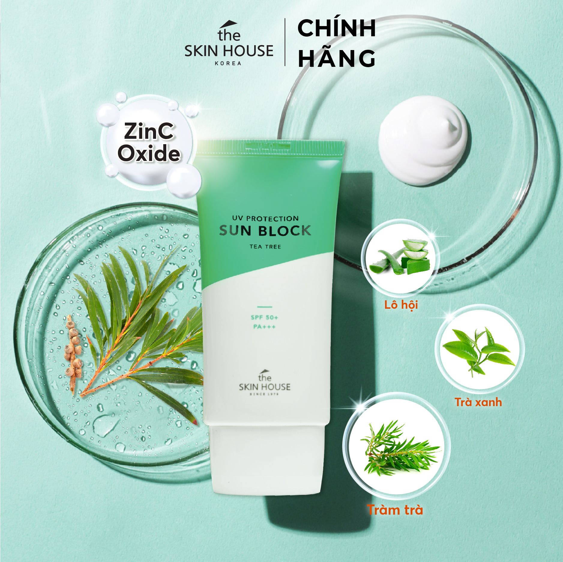 T61 Kem chống nắng tràm trà kháng khuẩn cho da mụn SPF50 PA+++  UV PROTECTION SUN BLOCK TEA TREE SPF50+ PA+++ 50ml