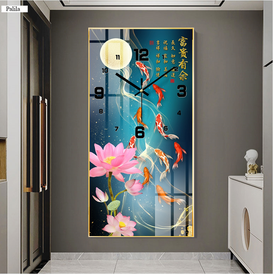 Đồng Hồ Treo Tường Trang Trí Kim Trôi - Tranh Tráng Gương Cửu Ngư Quần Hội Tuyệ Đẹp
