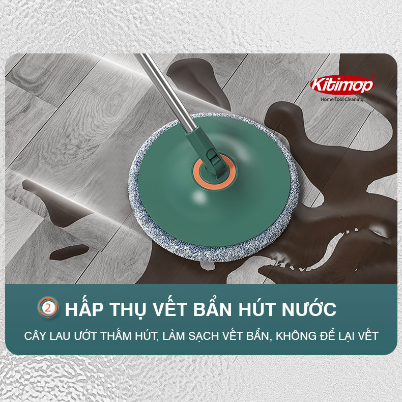 Bộ lau nhà tách nước bẩn Kitimop K22 Plus có thùng lau nhà tự vắt 2 ngăn riêng biệt, cây lau nhà 360 độ lau sàn làm sạch, bảo hành 12 tháng, 2 bông lau