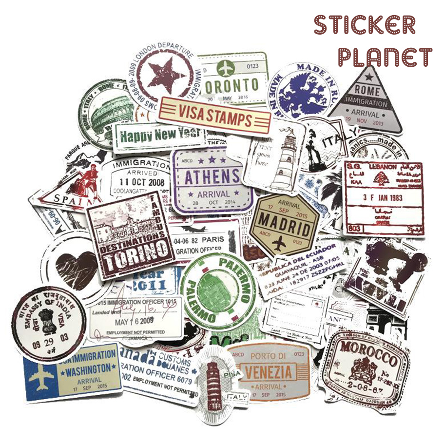 Bộ sticker chủ đề retro  visa stamp chống thấm nước trang trí mũ bảo hiểm, đàn, guitar, ukulele, điện thoại laptop